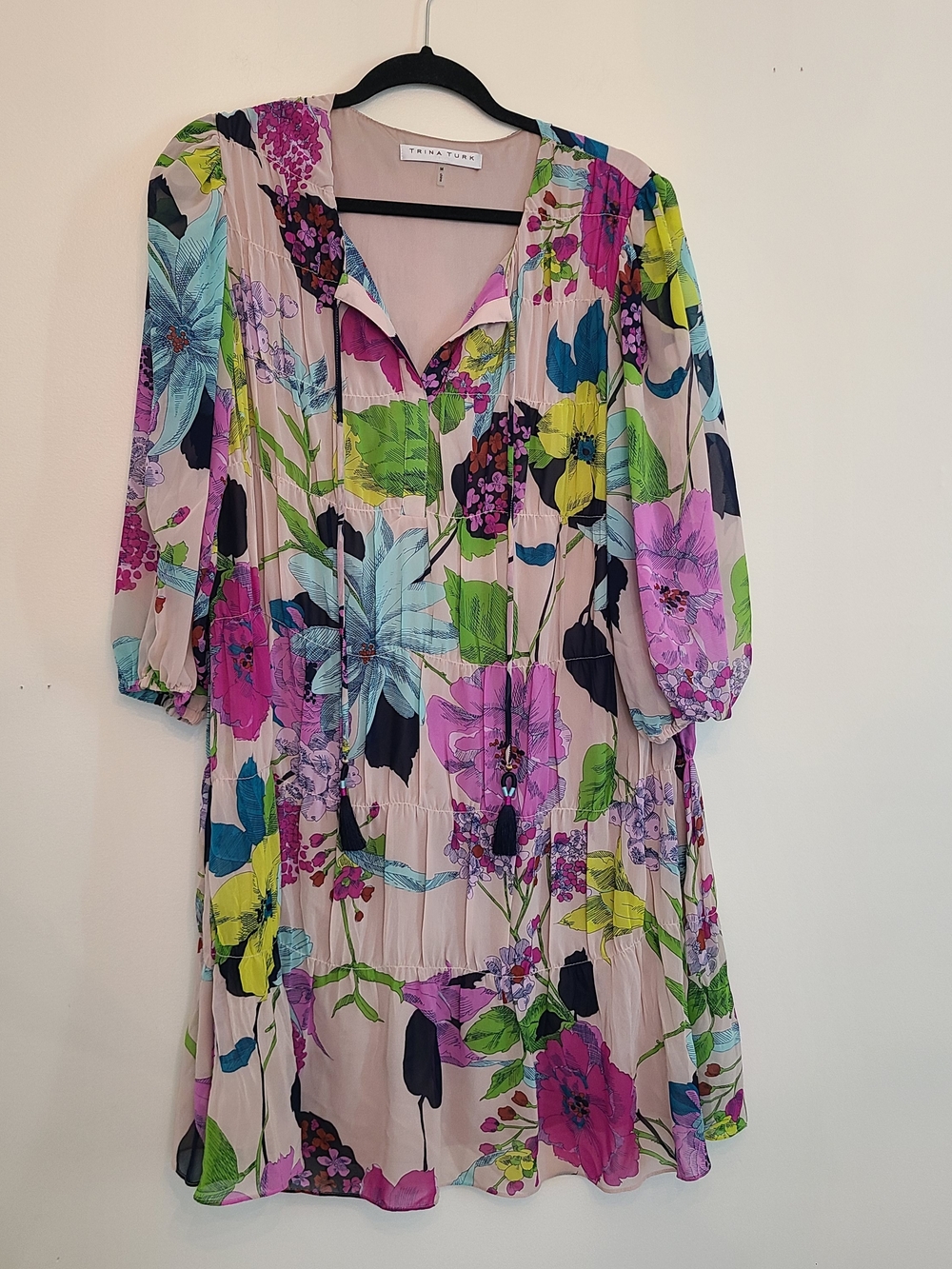 Trina Turk Pink Floral Tie-Front Tiered Dress